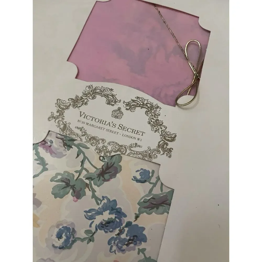 (2) Vintage Victoria’s Secret London Gift Box Wrapping Paper Card Ribbon SET NOS